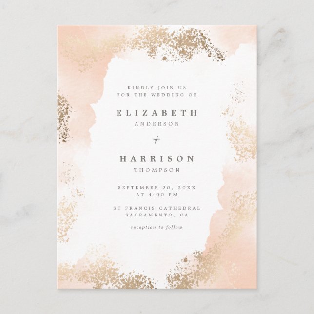 Stylish Gold Dust & Blush Watercolor Wedding Invitation Postcard (Front)