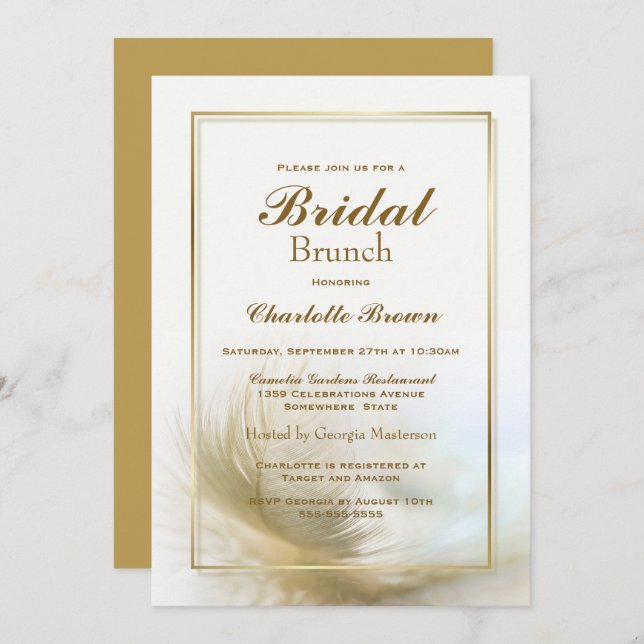Stylish Gold Feather Bridal Brunch Invitation (Front/Back)