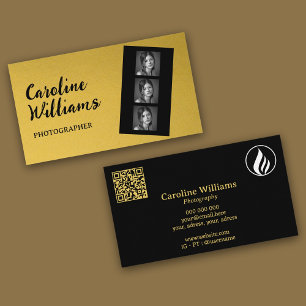 Stylish gold film strip Photography Logo QR code Business Card