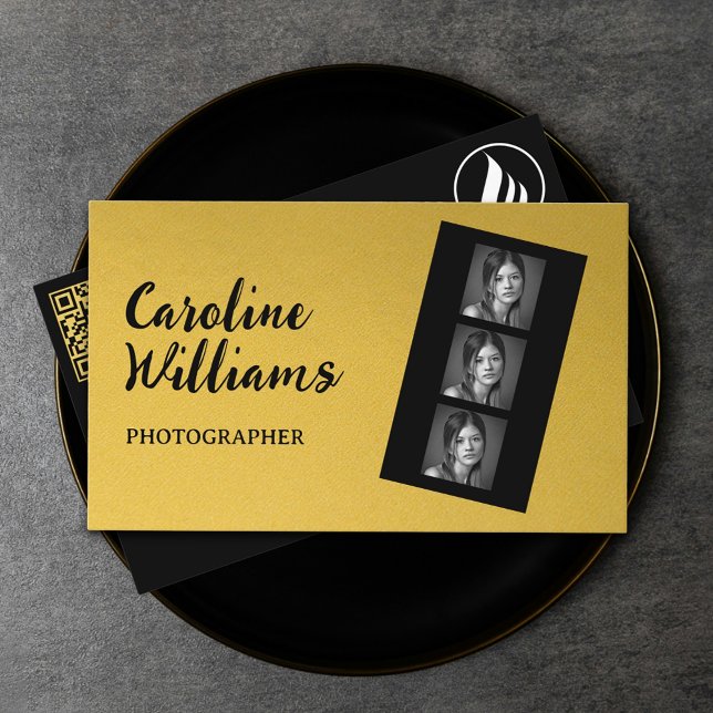 Stylish gold film strip Photography Logo QR code Business Card (Stylish gold film strip Photography Logo QR code Business Card)