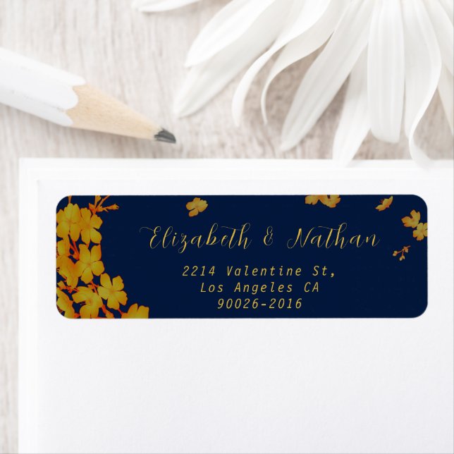 Stylish Gold Flower Navy Blue Return Address Label (Insitu)