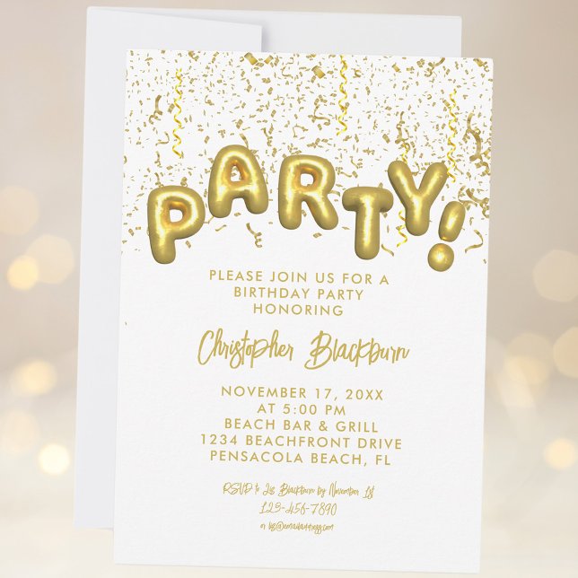 Stylish Gold Foil Party Balloon Birthday Confetti Invitation (Creator Uploaded)
