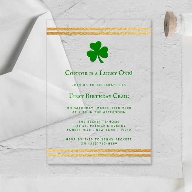 Stylish Gold Foil St. Patrick's Day 1st Birthday Acrylic Invitations (Creator Uploaded)