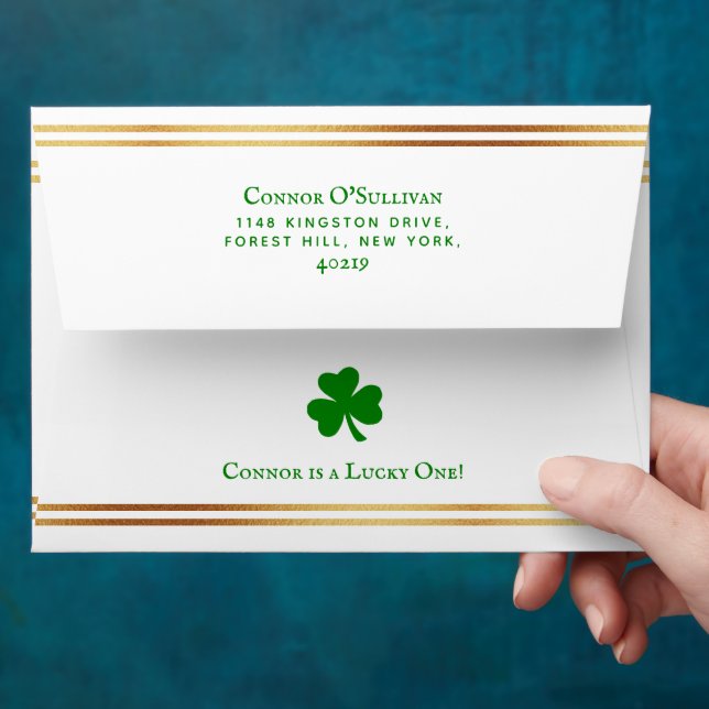 Stylish Gold Foil St. Patrick's Day 1st Birthday Envelope (Hand)