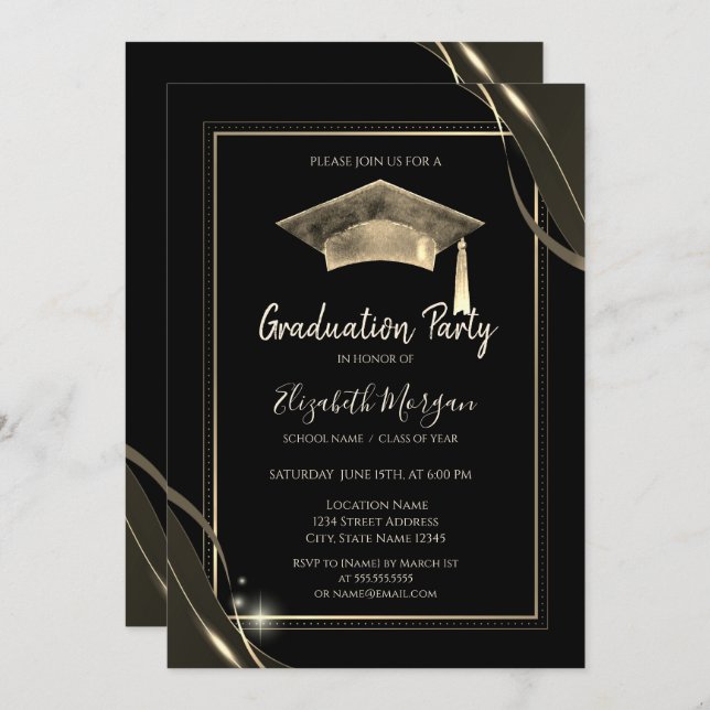 Stylish Gold Frame Sparkle,Grad Cap Graduation Invitation (Front/Back)