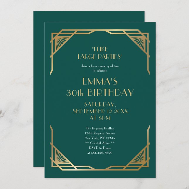 Stylish Gold Gatsby Style 30th Birthday Party Invitation (Front/Back)