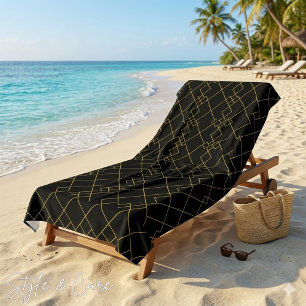 Stylish Gold Geometric Box Design Black Beach Towel