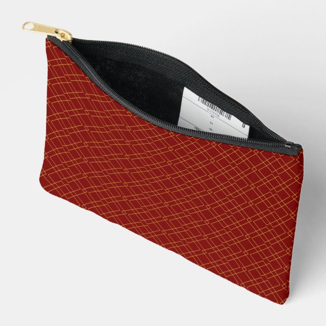 Stylish Gold Geometric Box Design Deep Red Accessory Pouch (Open)