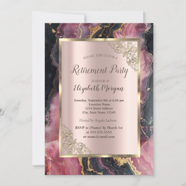  Stylish Gold Glitter Black Burgundy Retirement Invitation (Front)