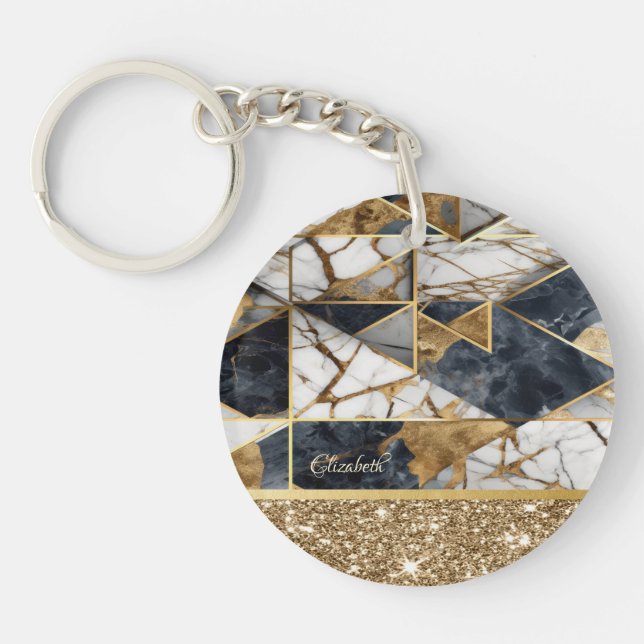 Stylish Gold Glitter Black Geometric Marble Key Ring (Front)