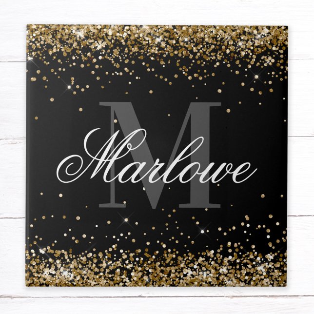 Stylish Gold Glitter Black White Monogram Ceramic Tile (Creator Uploaded)