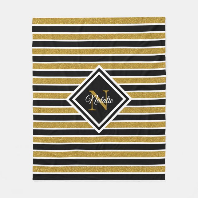 Stylish Gold Glitter Black White Stripes Monogram Fleece Blanket (Front)