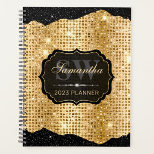 Stylish Gold Glitter Dots & Black Edges Monogram Planner