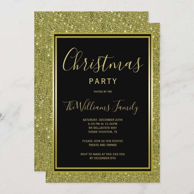 Stylish Gold Glitter, Gold Framed Christmas Party Invitation (Front/Back)