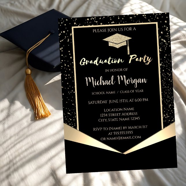 Stylish Gold Glitter Graduation Cap,Confetti Invitation (Creator Uploaded)