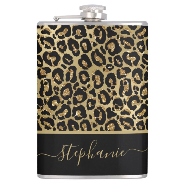 Stylish Gold Glitter Leopard Animal Print Monogram Hip Flask (Front)