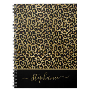 Stylish Gold Glitter Leopard Animal Print Monogram Notebook