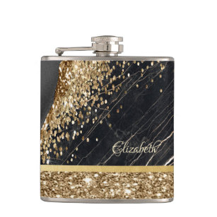 Stylish Gold Glitter Sequins Black Marble  Hip Flask