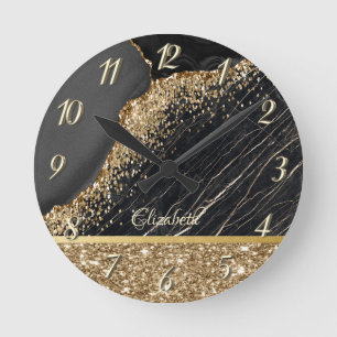 Stylish Gold Glitter Sequins Black Marble Round Clock