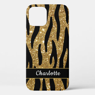 Stylish Gold Glitter Tiger Stripe Name  iPhone 12 Case