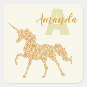 Stylish gold glitter unicorn custom name monogram square sticker