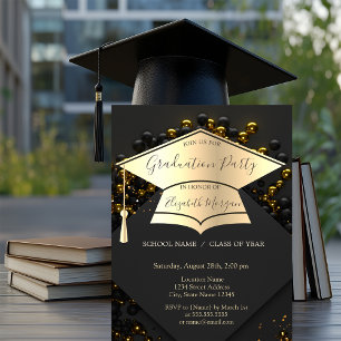 Stylish Gold Grad Cap,Balloons Black Graduation  Invitation