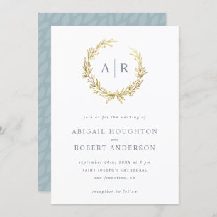 Stylish Gold Hand-drawn Wreath Initials Wedding Invitation