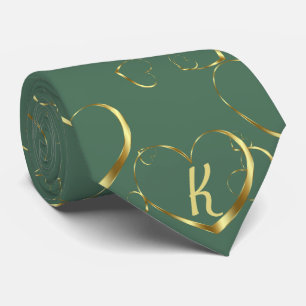Stylish Gold Heart Monogram Green Valentine Love Tie