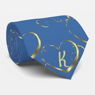 Stylish Gold Heart Monogram Valentine Love Blue Tie