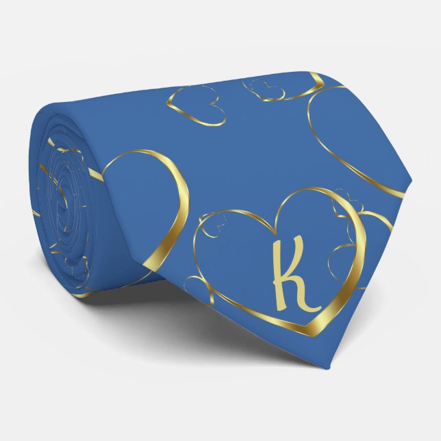 Stylish Gold Heart Monogram Valentine Love Blue Tie (Rolled)