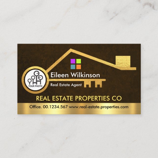 Stylish Gold Home Key Brown Grunge Business Card (Front)