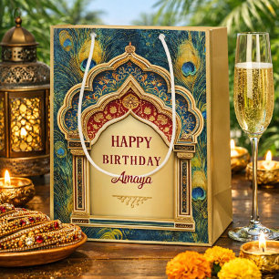 Stylish Gold Indian Festive Arch Peacock Birthday Medium Gift Bag