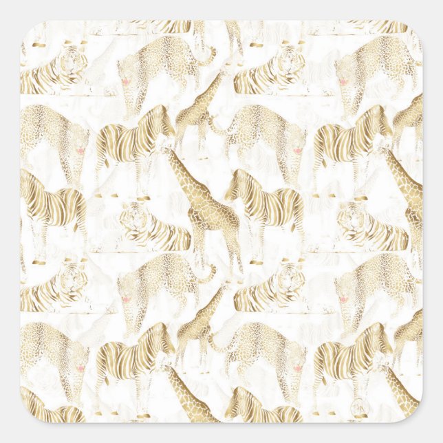 Stylish Gold Jungle Wild Animals Pattern Square Sticker (Front)