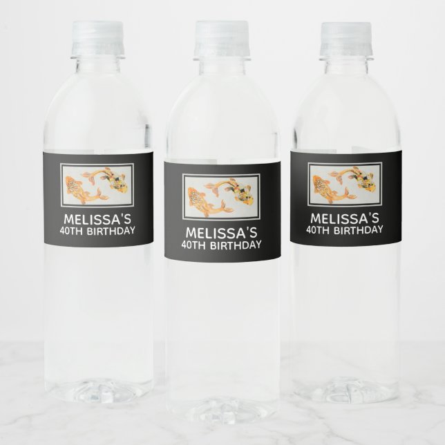 Stylish Gold Koi Fish Birthday Water Bottle Label (Bottles)
