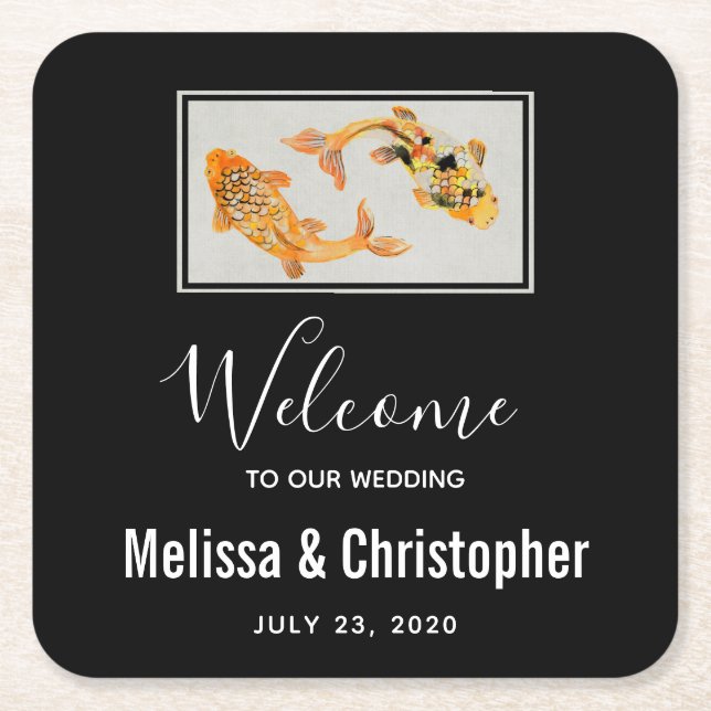 Stylish Gold Koi Fish  Wedding Square Paper Coaster (Front)