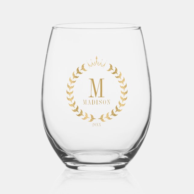 Stylish Gold Laurel Graduation Stemless Wine Glass (Front)