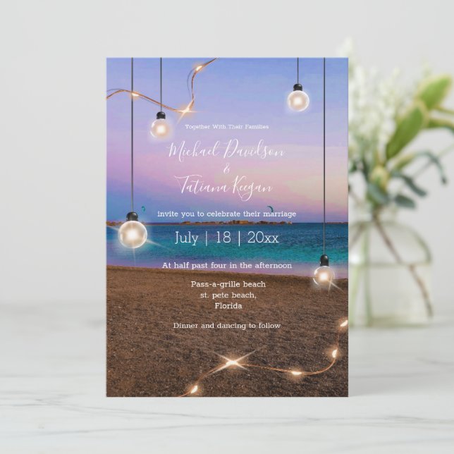 stylish gold lights beach wedding invitation (Standing Front)