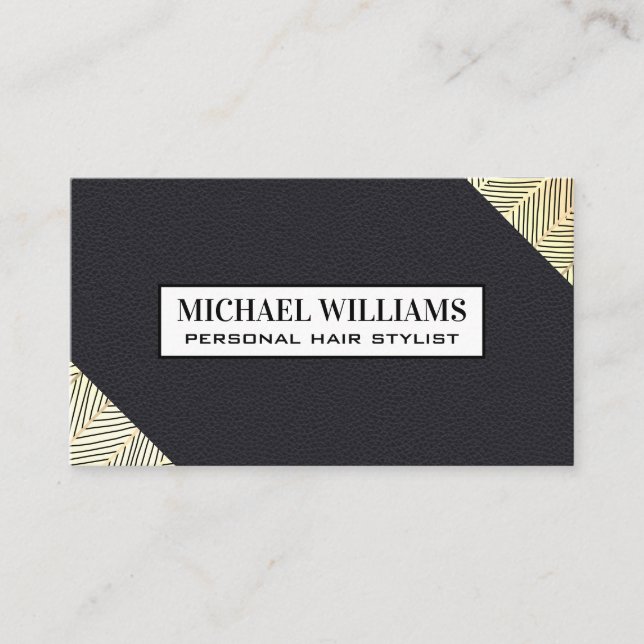 Stylish Gold Line Pattern | Leather Texture Business Card (Front)