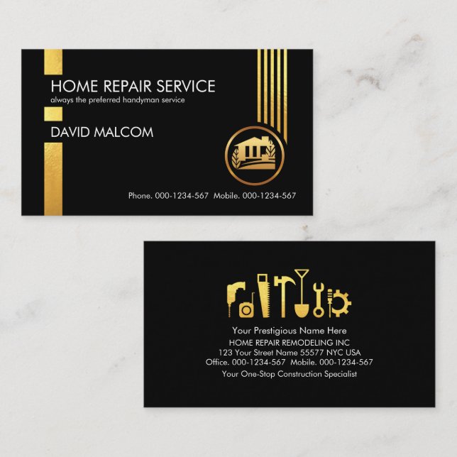 Stylish Gold Lines Handyman Builder Business Card (Front/Back)