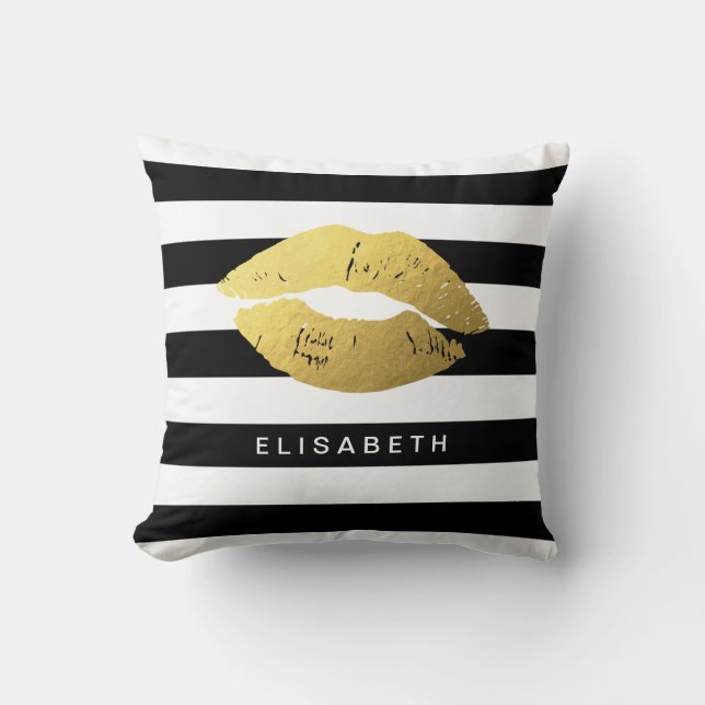 Stylish Gold Lips with Classic Black White Stripes Cushion (Front)