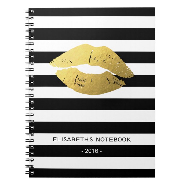 Stylish Gold Lips with Classic Black White Stripes Notebook (Front)