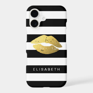 Stylish Gold Lips with Classy Black White Stripes