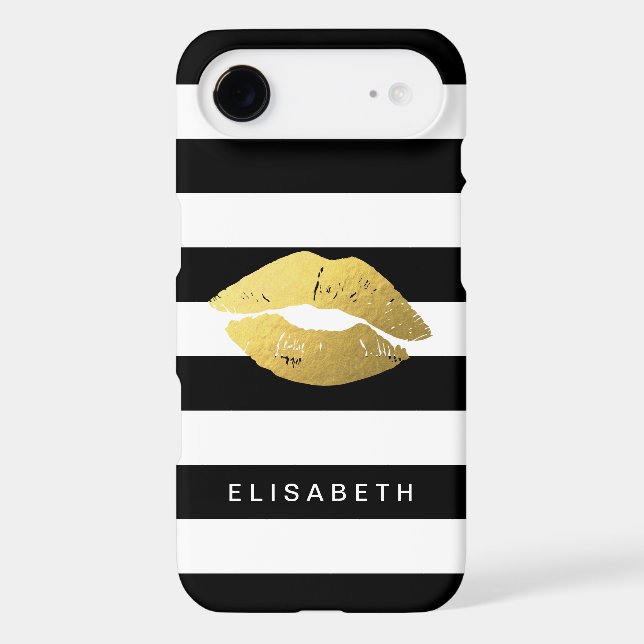 Stylish Gold Lips with Classy Black White Stripes Case-Mate iPhone Case (Back)