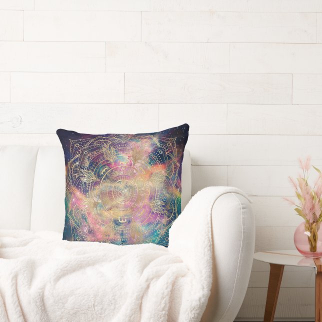 Stylish Gold Mandala Colorful Watercolor Nebula  Cushion (Couch)
