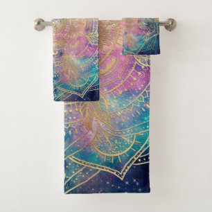 Stylish Gold Mandala Colourful Watercolor Nebula Bath Towel Set