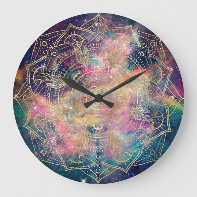 Stylish Gold Mandala Colourful Watercolor Nebula  Large Clock (Front)