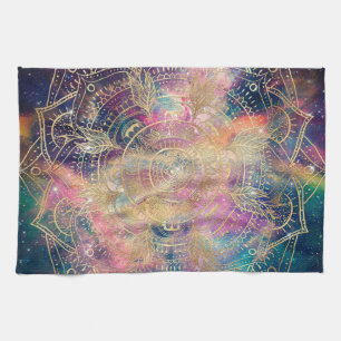 Stylish Gold Mandala Colourful Watercolor Nebula  Tea Towel