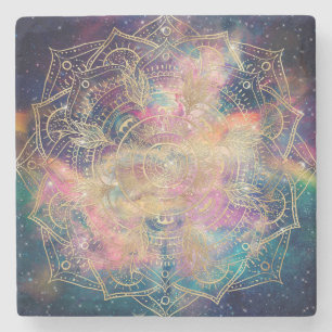 Stylish Gold mandala watercolor & Nebula Colorful Stone Coaster