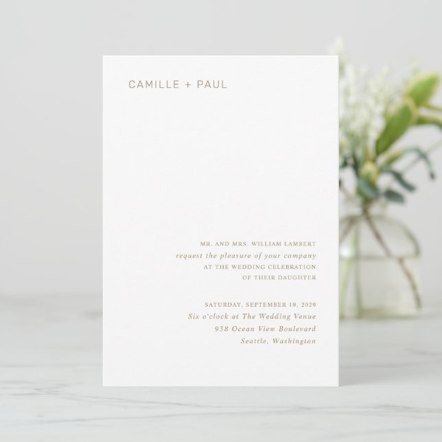 Stylish Gold Minimalist Wedding Invitation (Standing Front)