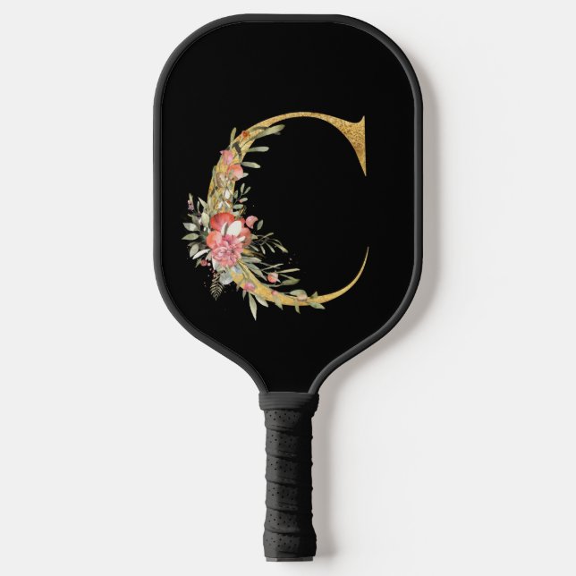Stylish Gold Monogram C  with Pink Flowers Pickleball Paddle (Front)
